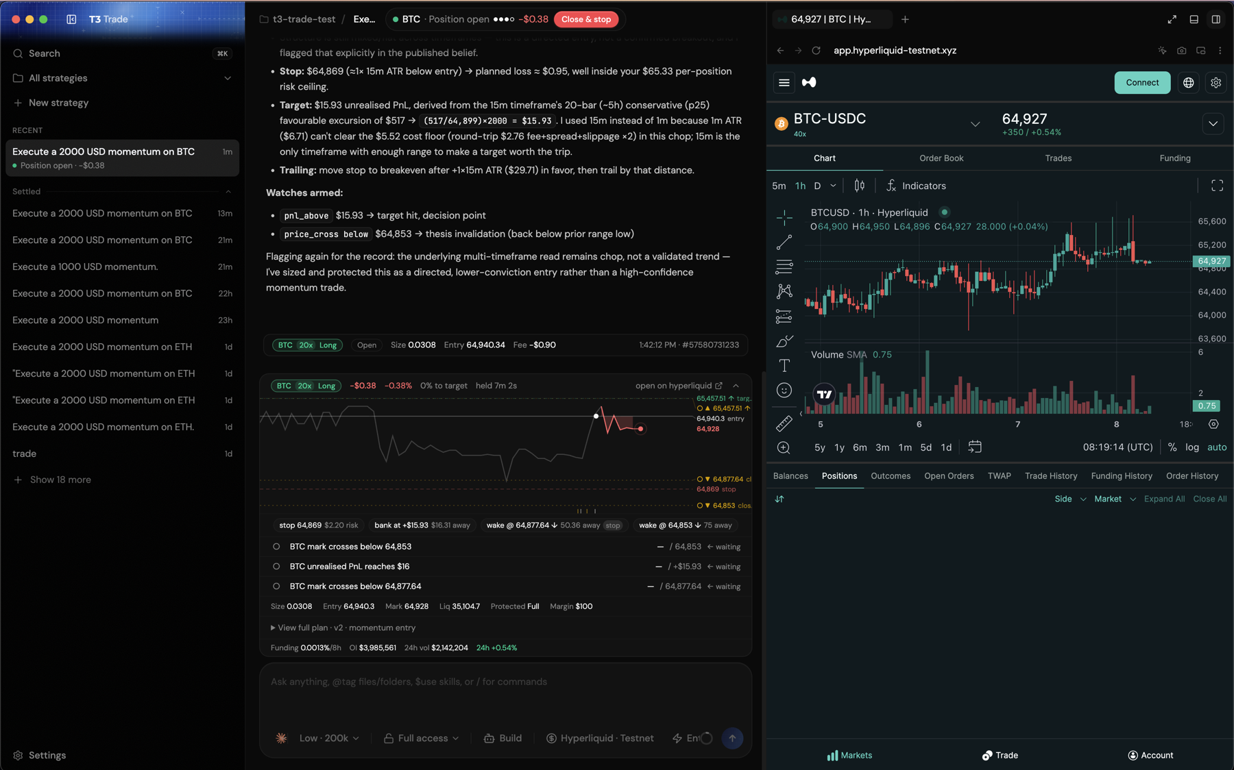 T3 Trade mission workspace beside the live Hyperliquid testnet UI, with an open BTC position, published plan, and armed watches